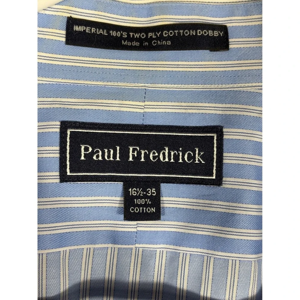 Paul Fredrick Mens 16.5 35‎ Blue  Striped Cotton Dobby Dress Shirt French Cuff